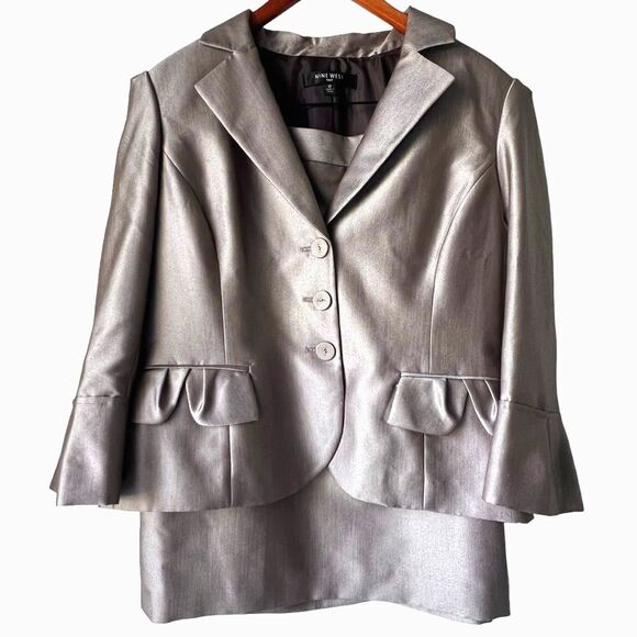 NINE WEST Women’s Suit Classic blazer & skirt brown3/4 Puff Sleeves Size 12.
